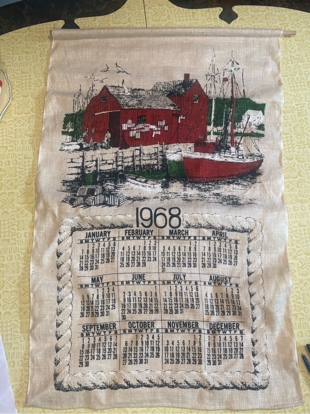 Vintage 1968 Nautical Calendar Wall Hanging - Red & Green Harbor Scene